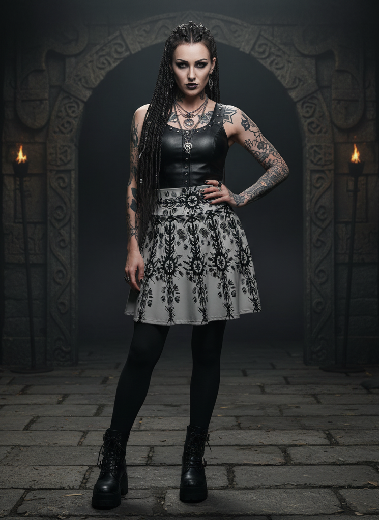 (Grey) Sun and Moon Hand Sketched Women's Skater Skirt (AOP)