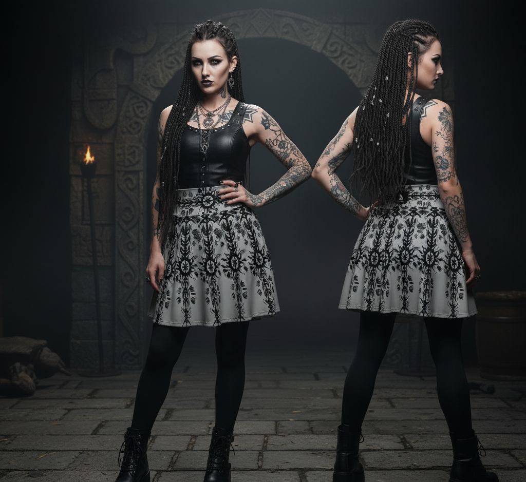 (Grey) Sun and Moon Hand Sketched Women's Skater Skirt (AOP)