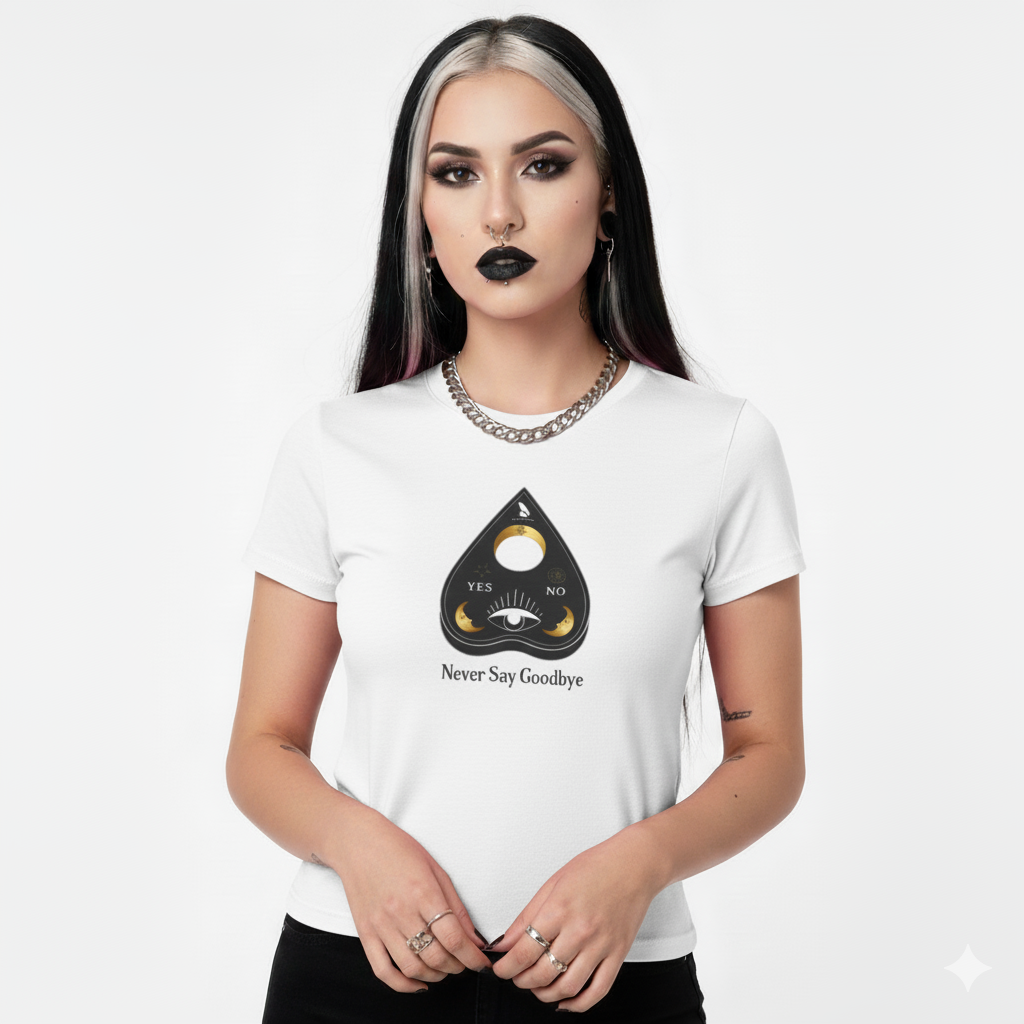 "Never Say Goodbye" Ouija Planchette Women's Softstyle Tee by Pale Raven Official
