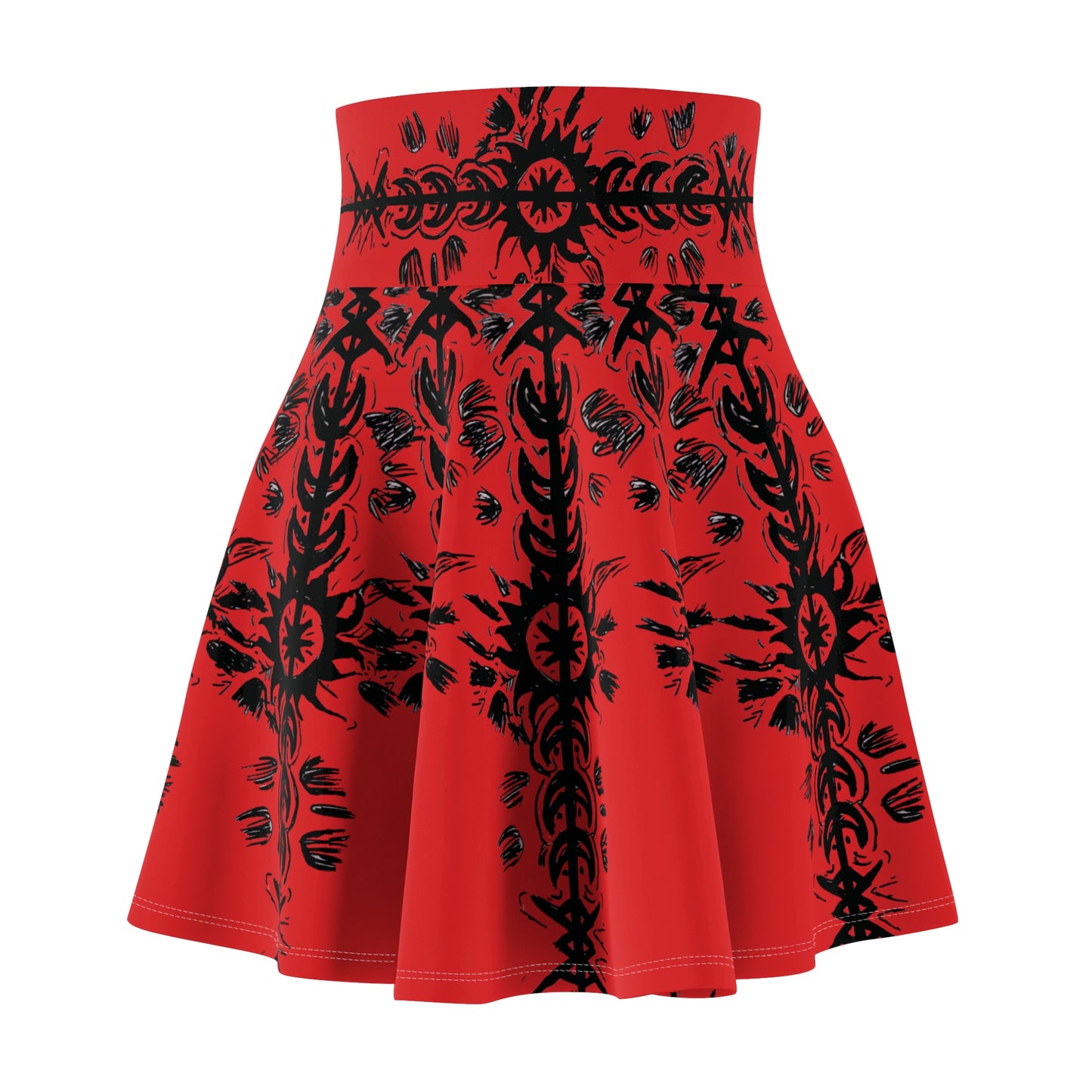 (RED) Sun and Moon Hand Sketched Women's Skater Skirt (AOP)