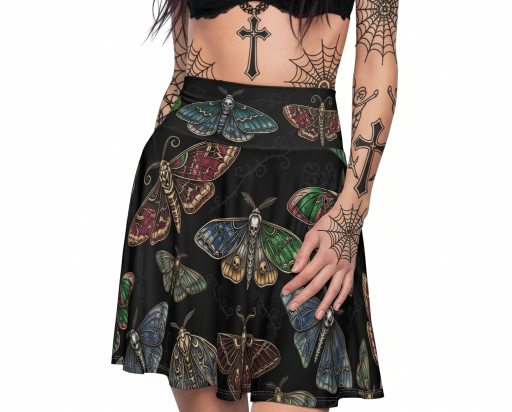 Women's Skater Skirt - Gothic Punk Moth Print