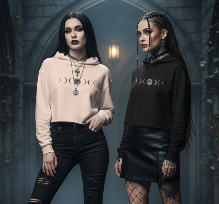 Baphomet Moon Phases Crop Hoodie - Apparel for Satanists - Witchcraft - Paganism
