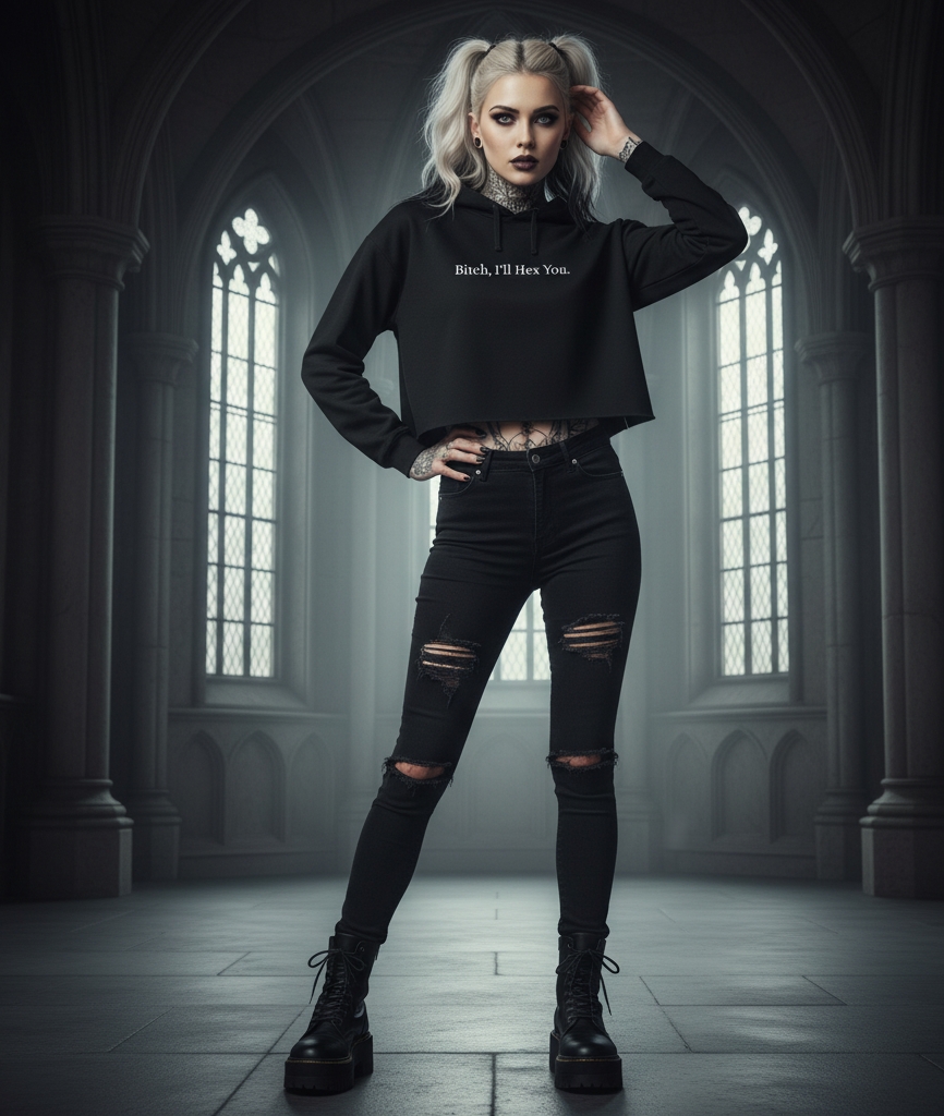 B-TCH, I'll Hex You Crop Hoodie - Apparel for Satanists - Witchcraft - Paganism